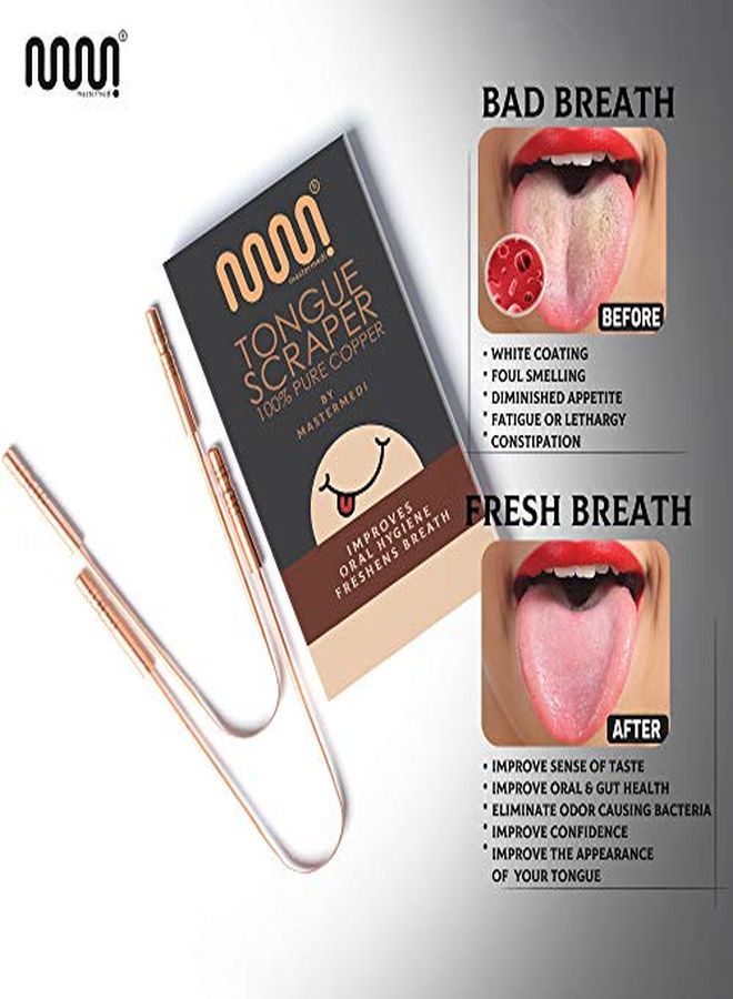 MasterMedi Copper Tongue Scraper With Travel Case - 2 Pack, All Natural Ayurvedic Tongue Cleaner, Banishes Bad Breath And Maintains Oral Hygiene, Great Grip With Non-Synthetic Handle - Image 2