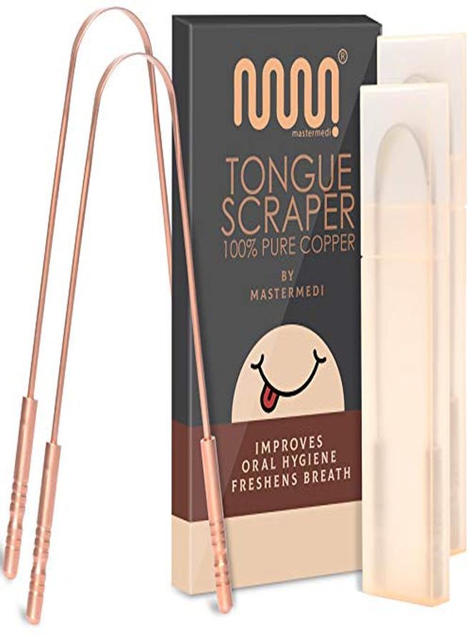 MasterMedi Copper Tongue Scraper With Travel Case - 2 Pack, All Natural Ayurvedic Tongue Cleaner, Banishes Bad Breath And Maintains Oral Hygiene, Great Grip With Non-Synthetic Handle - Image 1