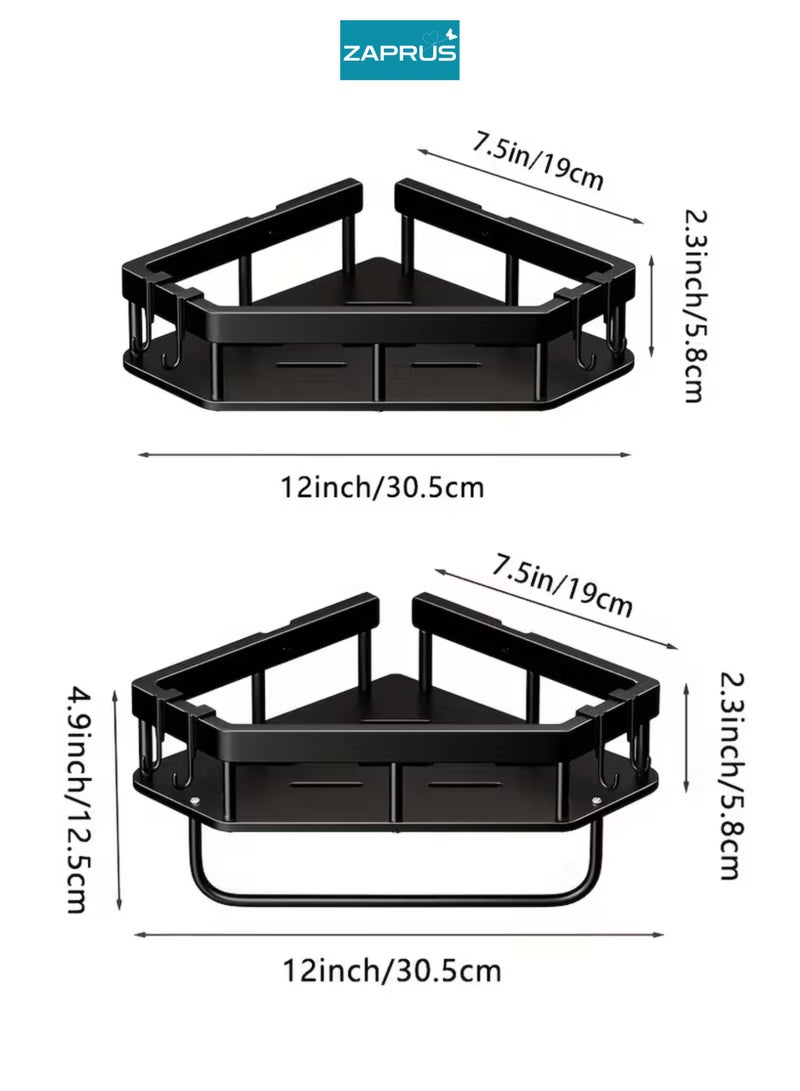 Zaprus Corner Shower Caddy, Carbon Steel Triangular Design with 2 Adhesive Hooks, Black Bathroom Storage Organizer with Towel Bar - Image 4