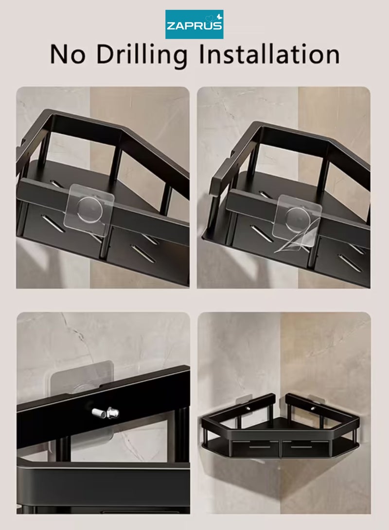 Zaprus Corner Shower Caddy, Carbon Steel Triangular Design with 2 Adhesive Hooks, Black Bathroom Storage Organizer with Towel Bar - Image 5