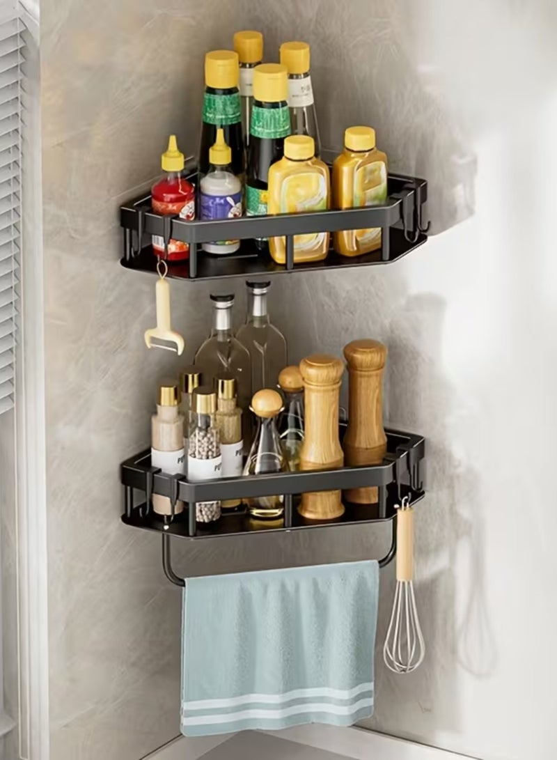 Zaprus Corner Shower Caddy, Carbon Steel Triangular Design with 2 Adhesive Hooks, Black Bathroom Storage Organizer with Towel Bar - Image 1