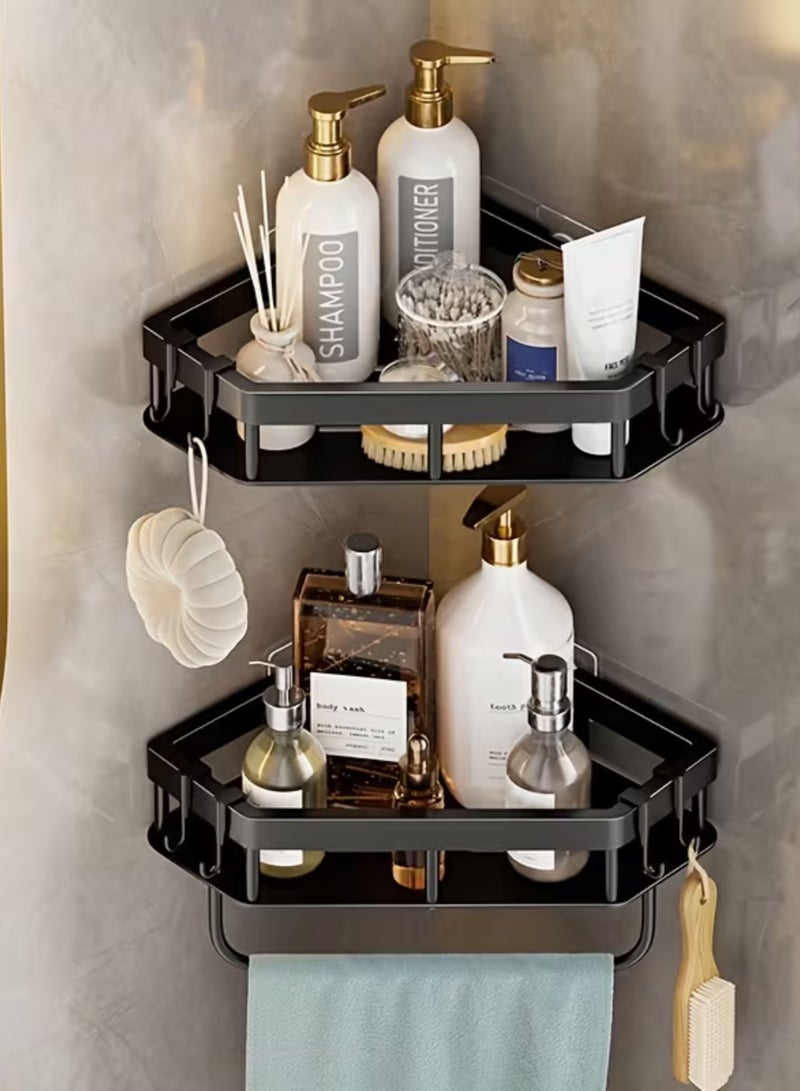 Zaprus Corner Shower Caddy, Carbon Steel Triangular Design with 2 Adhesive Hooks, Black Bathroom Storage Organizer with Towel Bar - Image 3