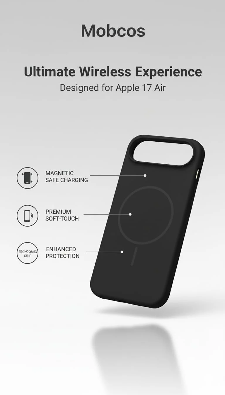 Mobcos Mobcos iPhone 17 Air Black Luxury Magnetic Compatible for iPhone Series – Shockproof, Slim Fit, Soft-Touch Protective Cover with Magnetic Wireless Charging Support