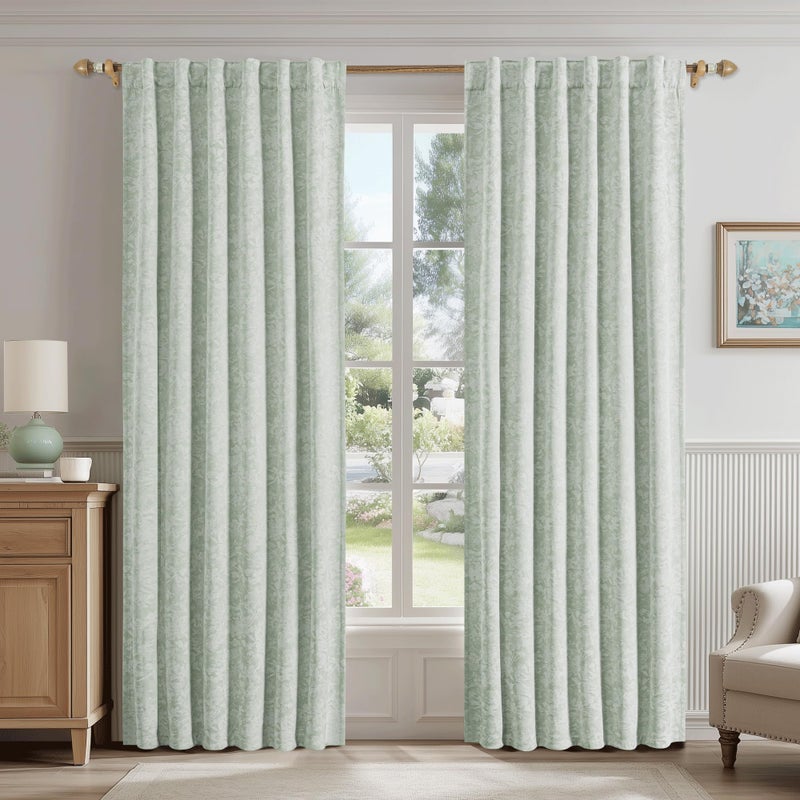 Beauoop Green Floral Jacquard Blackout Curtains 84 Inches Long 2 Panels for Bedroom Living Room Chenille Flower Room Darkening Thermal Insulated Soundproof Rod Pocket Back Tab Window Drapes 52x84 - Image 2