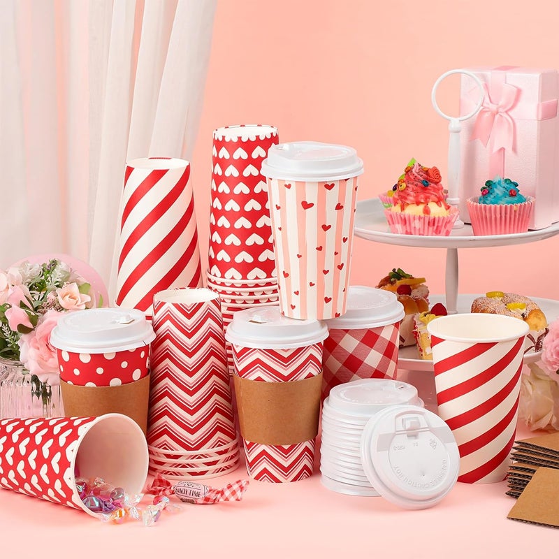 Sosation 90 Pcs30 Set Valentines Day Coffee Paper Cups with Lids and Sleeves 12 oz Disposable Hot Cocoa Cups Valentines Pink Paper Hot Chocolate Coffee Bar Accessories 6 Styles - Image 1
