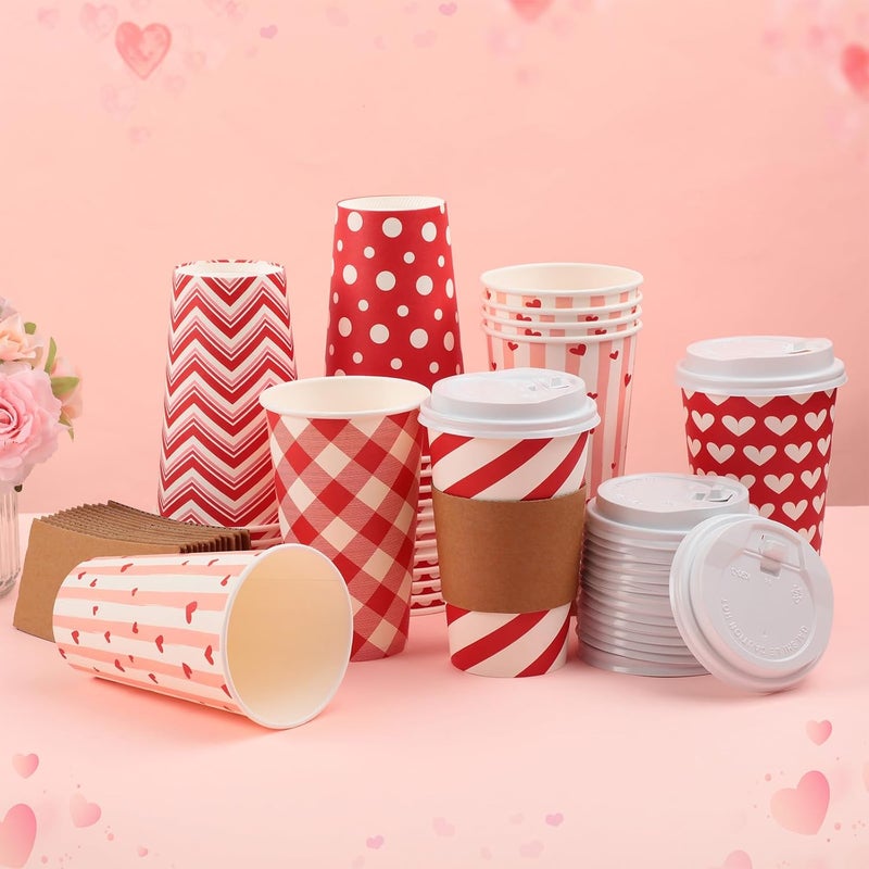 Sosation 90 Pcs30 Set Valentines Day Coffee Paper Cups with Lids and Sleeves 12 oz Disposable Hot Cocoa Cups Valentines Pink Paper Hot Chocolate Coffee Bar Accessories 6 Styles - Image 5