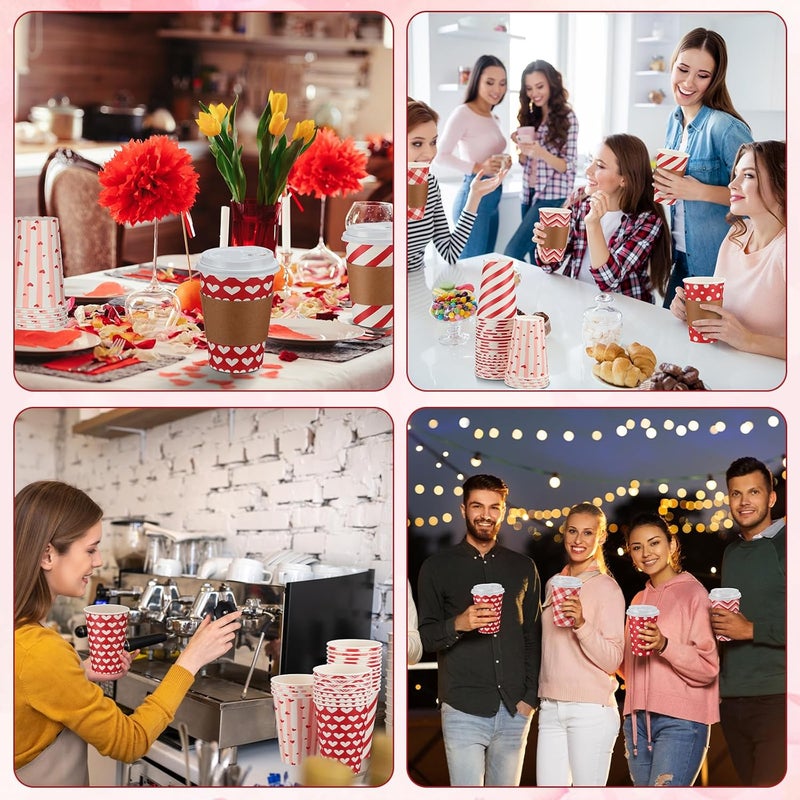 Sosation 90 Pcs30 Set Valentines Day Coffee Paper Cups with Lids and Sleeves 12 oz Disposable Hot Cocoa Cups Valentines Pink Paper Hot Chocolate Coffee Bar Accessories 6 Styles - Image 4