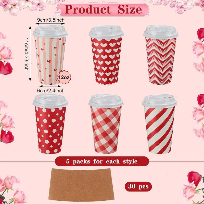 Sosation 90 Pcs30 Set Valentines Day Coffee Paper Cups with Lids and Sleeves 12 oz Disposable Hot Cocoa Cups Valentines Pink Paper Hot Chocolate Coffee Bar Accessories 6 Styles - Image 2