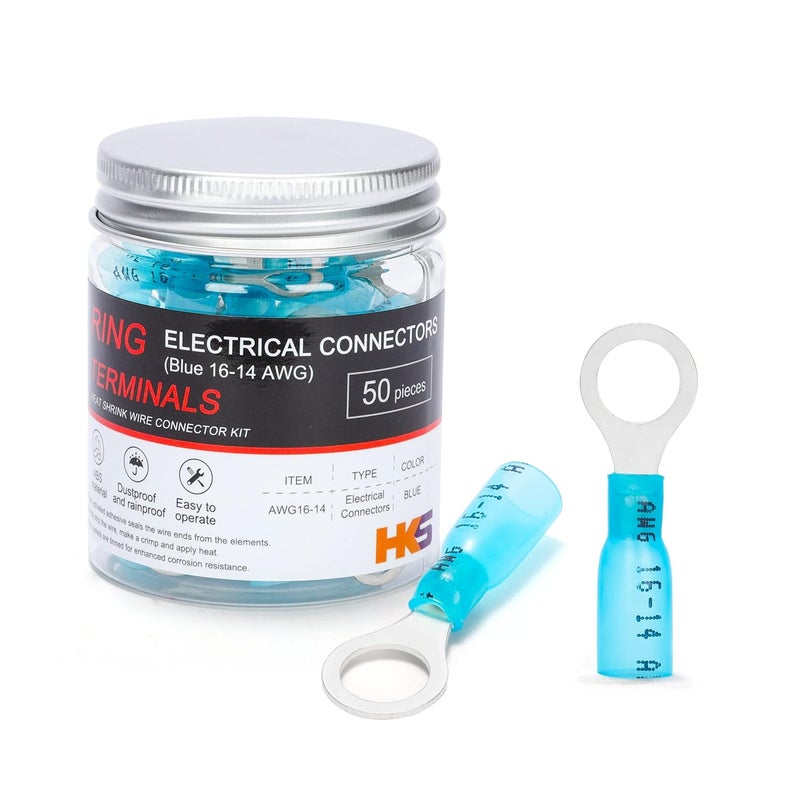 HK-S 50 PCS Ring Terminals 5/16" Blue 16-14 AWG - M8 - Electrical Connectors - Heat Shrink Wire Connector Kit - Tinned Red Copper - Automotive Marine Ring Connectors - Waterproof and Insulated - Image 1
