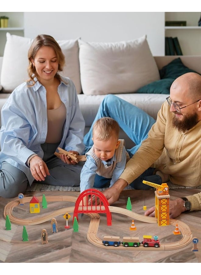 SainSmart Jr. SainSmart Jr. 41 Pcs Deluxe Wooden Train Set for Toddler, Wood Train Track w/Crane Fits Brio Thomas, Melissa and Doug for Kids Ages 3+  - Image 4