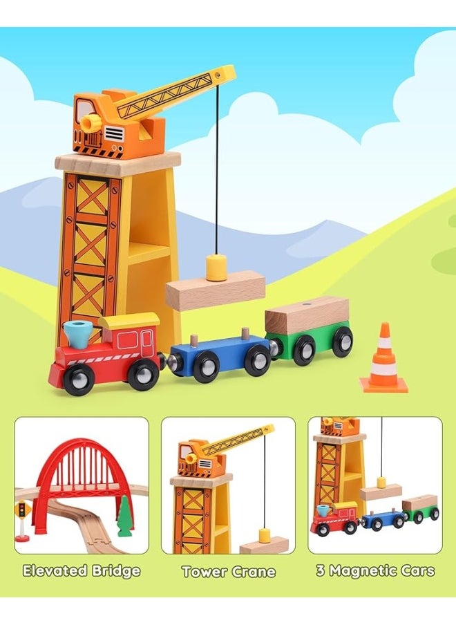 SainSmart Jr. SainSmart Jr. 41 Pcs Deluxe Wooden Train Set for Toddler, Wood Train Track w/Crane Fits Brio Thomas, Melissa and Doug for Kids Ages 3+  - Image 2