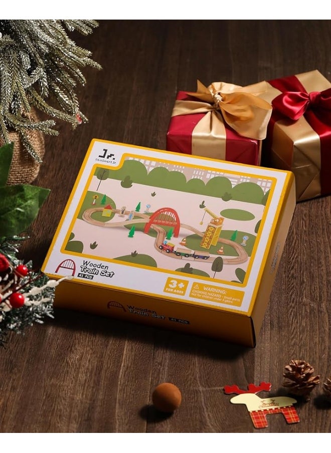 SainSmart Jr. SainSmart Jr. 41 Pcs Deluxe Wooden Train Set for Toddler, Wood Train Track w/Crane Fits Brio Thomas, Melissa and Doug for Kids Ages 3+  - Image 1