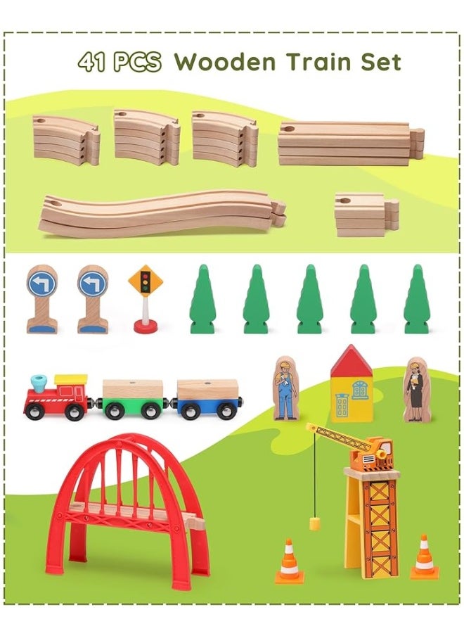 SainSmart Jr. SainSmart Jr. 41 Pcs Deluxe Wooden Train Set for Toddler, Wood Train Track w/Crane Fits Brio Thomas, Melissa and Doug for Kids Ages 3+  - Image 3