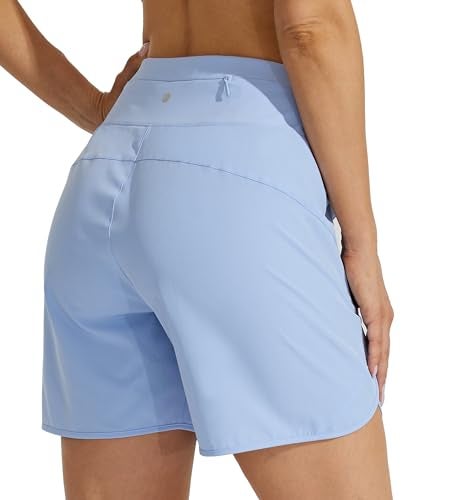Willit Women's Athletic Running Shorts 5" Quick Dry Workout Hiking High Waisted Active Gym Exercise Zipper Pocket Light Blue M - Image 2