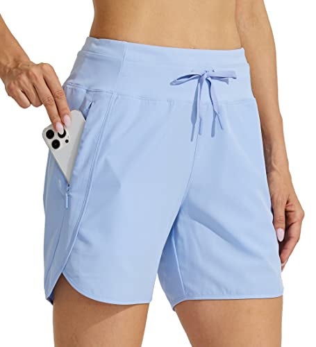 Willit Women's Athletic Running Shorts 5" Quick Dry Workout Hiking High Waisted Active Gym Exercise Zipper Pocket Light Blue M - Image 1