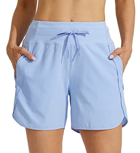 Willit Women's Athletic Running Shorts 5" Quick Dry Workout Hiking High Waisted Active Gym Exercise Zipper Pocket Light Blue M - Image 3