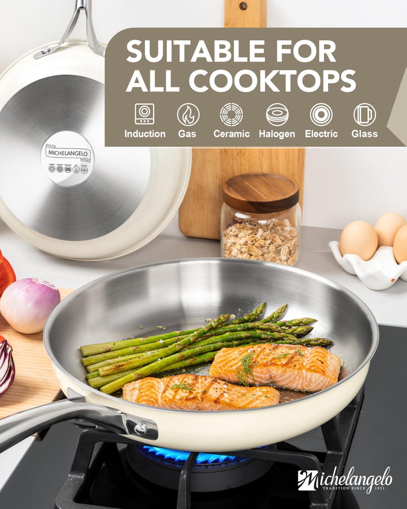 MICHELANGELO Stainless Steel Frying Pan Set, 8" 9.5" 11" Induction Pan, Triply Base Cooking Pans with Ergonomic Handle, for All Stove - Beige - Image 4