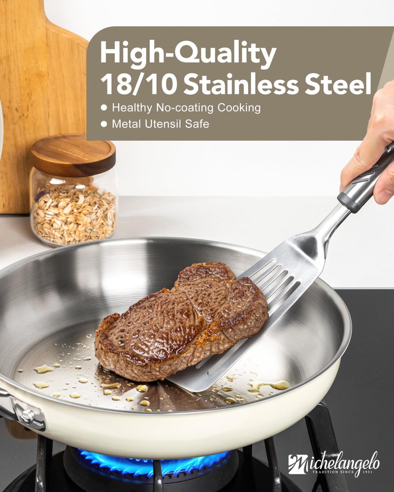 MICHELANGELO Stainless Steel Frying Pan Set, 8" 9.5" 11" Induction Pan, Triply Base Cooking Pans with Ergonomic Handle, for All Stove - Beige - Image 3
