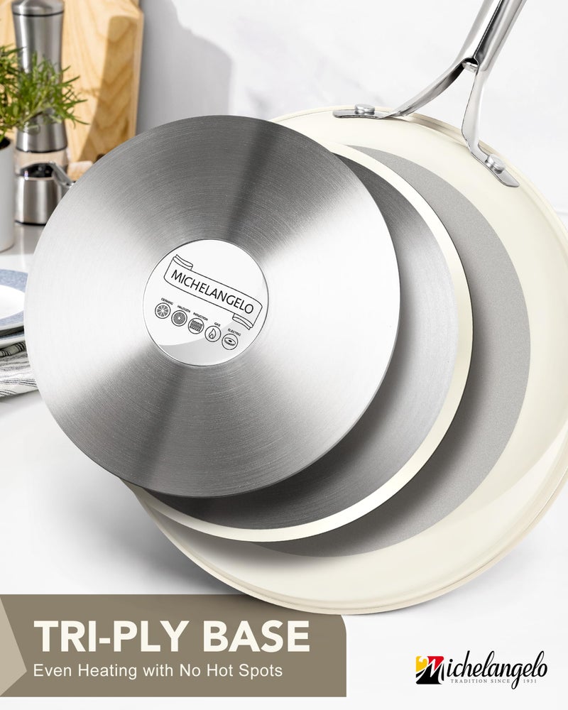 MICHELANGELO Stainless Steel Frying Pan Set, 8" 9.5" 11" Induction Pan, Triply Base Cooking Pans with Ergonomic Handle, for All Stove - Beige - Image 2