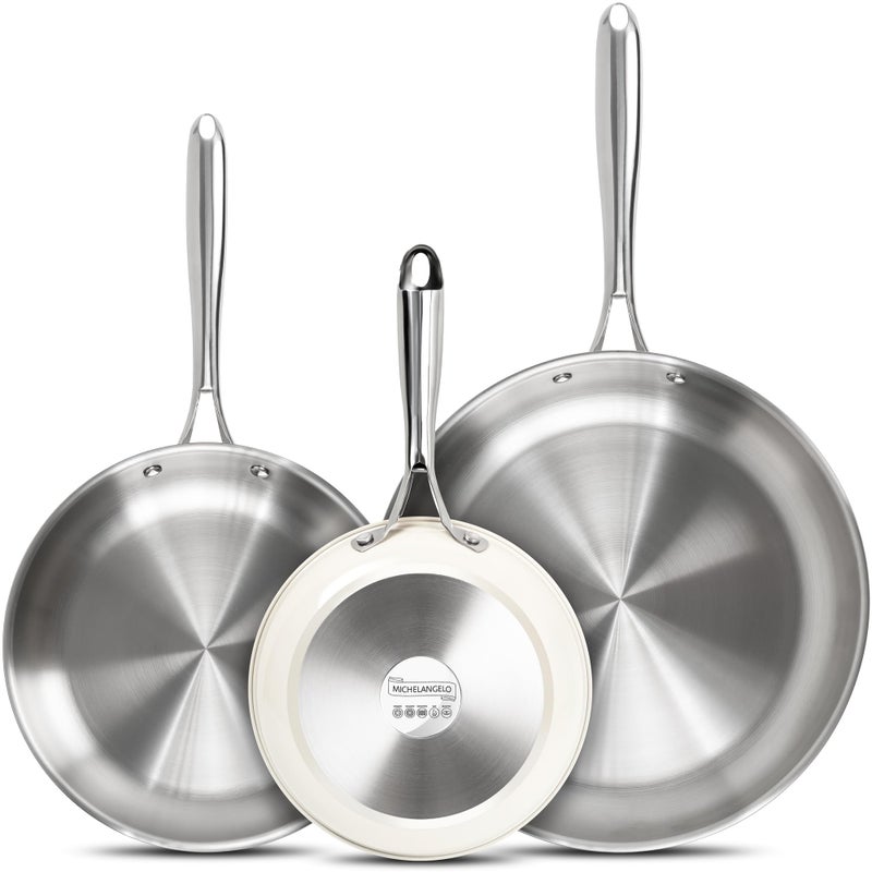MICHELANGELO Stainless Steel Frying Pan Set, 8" 9.5" 11" Induction Pan, Triply Base Cooking Pans with Ergonomic Handle, for All Stove - Beige - Image 1