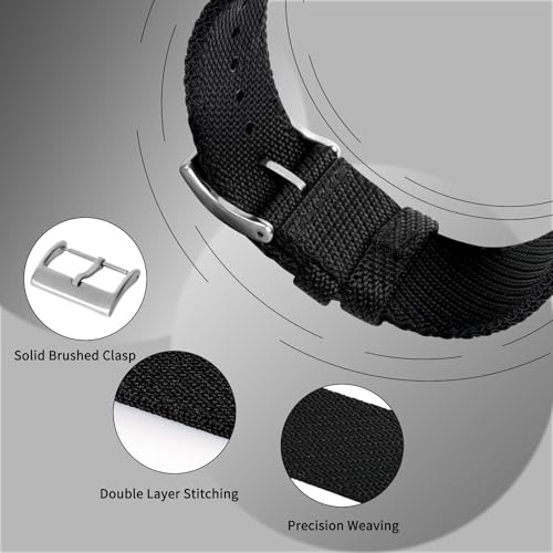 TStrap Nylon Watch Band for Men - Black Canvas Quick Release Watch Strap Women - Soft Sailcloth Smart Watchband with Clasp - Correa para Reloj Replacement - 18mm 20mm 22mm - Image 4