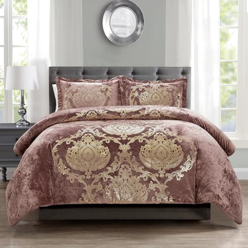 Sunshine Nicole Metallic Print Comforter Set, Distressed Velvet Face with Metallic Foil Print and Brushed Solid Microfiber Reverse, with Light Weight Soft Poly Fill, 3 Pieces Dusty Mauve Gold, Queen - Image 1