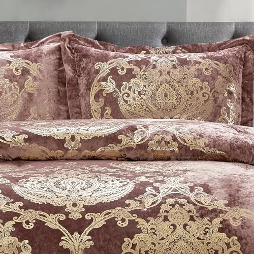 Sunshine Nicole Metallic Print Comforter Set, Distressed Velvet Face with Metallic Foil Print and Brushed Solid Microfiber Reverse, with Light Weight Soft Poly Fill, 3 Pieces Dusty Mauve Gold, Queen - Image 5