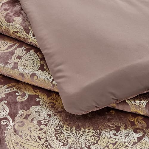 Sunshine Nicole Metallic Print Comforter Set, Distressed Velvet Face with Metallic Foil Print and Brushed Solid Microfiber Reverse, with Light Weight Soft Poly Fill, 3 Pieces Dusty Mauve Gold, Queen - Image 4