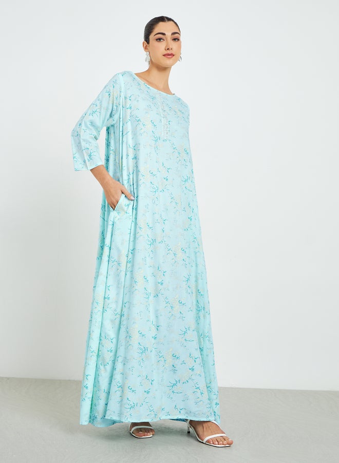 Amirah Blue Floral Printed A-Line Jalabiya - Image 2