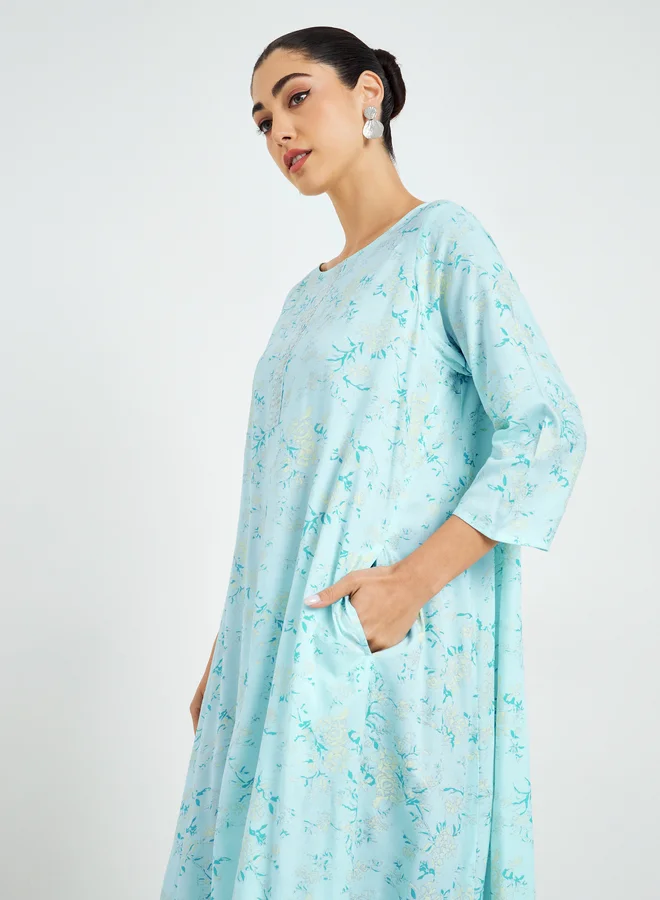 Amirah  Blue Floral Printed A-Line Jalabiya for Women | Best Price UAE