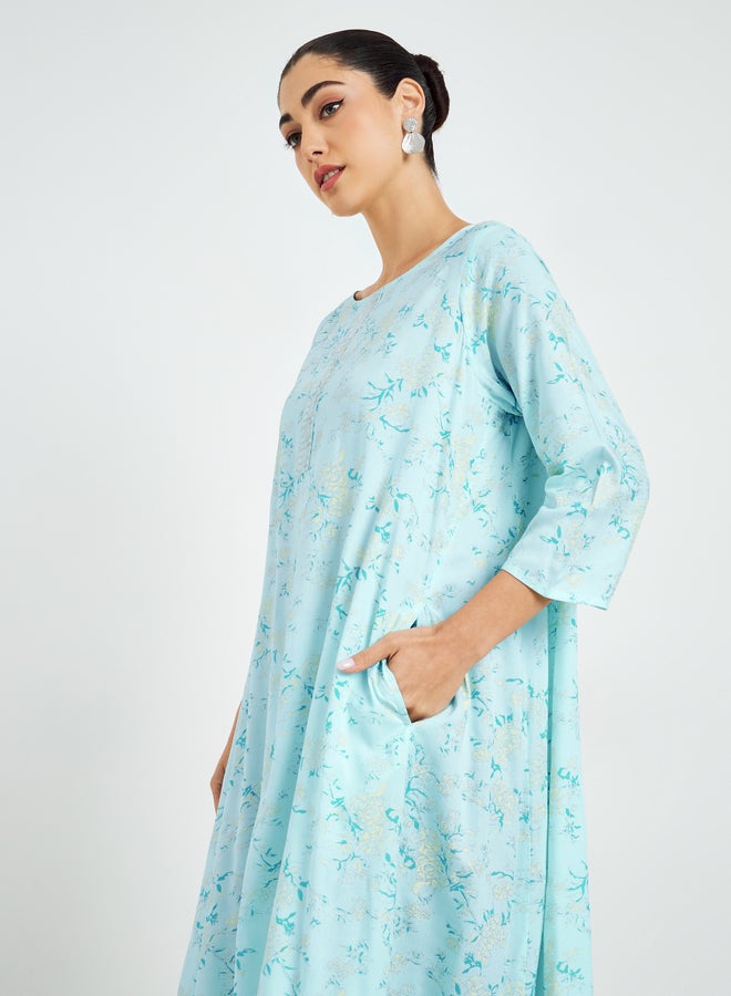 Amirah Blue Floral Printed A-Line Jalabiya - Image 3