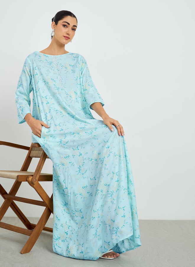 Amirah Blue Floral Printed A-Line Jalabiya - Image 1