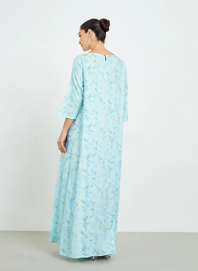 Amirah  Blue Floral Printed A-Line Jalabiya for Women | Best Price UAE
