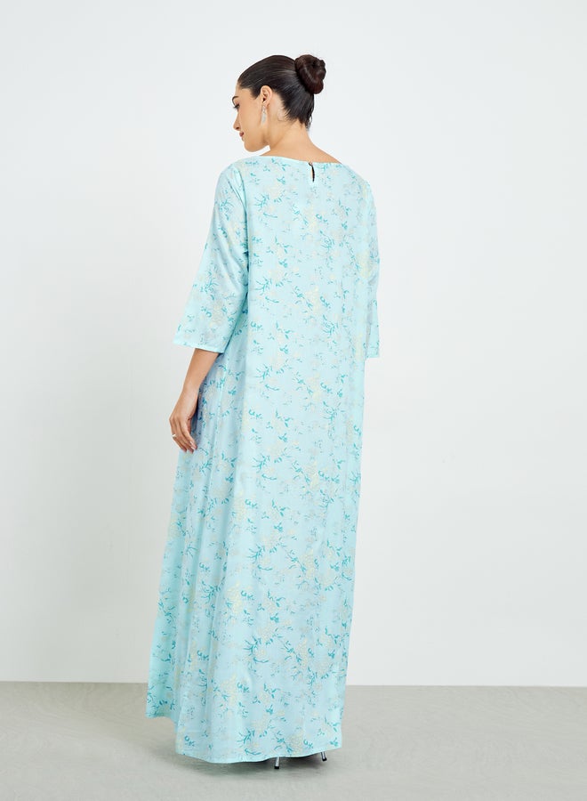 Amirah Blue Floral Printed A-Line Jalabiya - Image 5