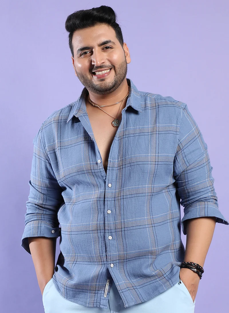 Instafab Plus Instafab Plus Men's Icy Blue Tartan Plaid Shirt For Casual Wear | Spread Collar | Long Sleeve | Button Closure | Cotton Shirt Crafted With Comfort Fit For Everyday Wear