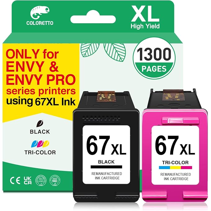 خرطوشة الحبر COLORETTO 67XL بديل لخرطوشات الحبر Deskjet 2800e، 67 XL لجهاز Deskjet 2827e 2855e 2852e 4255e 4227e 2755e Envy 6055e 6455e 6000 لحزمة 67 باللون الأسود/اللون المختلط