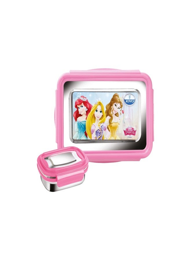 Joyo Disney Lunchmate Lunch Box with Box Inner Steel Lunch Box Big 1, Small Box with Steel Dabbi Compact Design Airtight Leakproof Lunch Box for Office,School BPA Free (Pack of 1) Princess - Pink