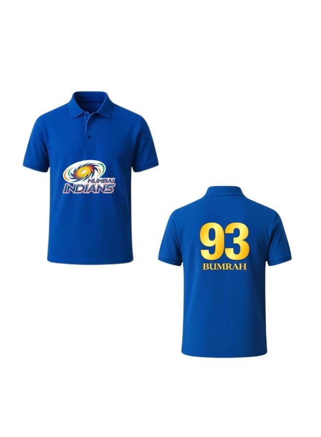 PRINTSHOP4ME Mumbai Cricket Fan Polo T-Shirt For Men – Blue Dry-Fit Sports Jersey With “93 BUMRAH” Print & Team Logo | Breathable Outdoor Wear For Game Days & Cricket Lovers - Image 2
