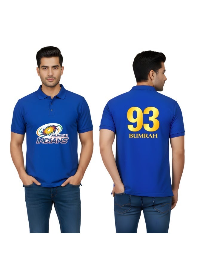 PRINTSHOP4ME Mumbai Cricket Fan Polo T-Shirt For Men – Blue Dry-Fit Sports Jersey With “93 BUMRAH” Print & Team Logo | Breathable Outdoor Wear For Game Days & Cricket Lovers - Image 1