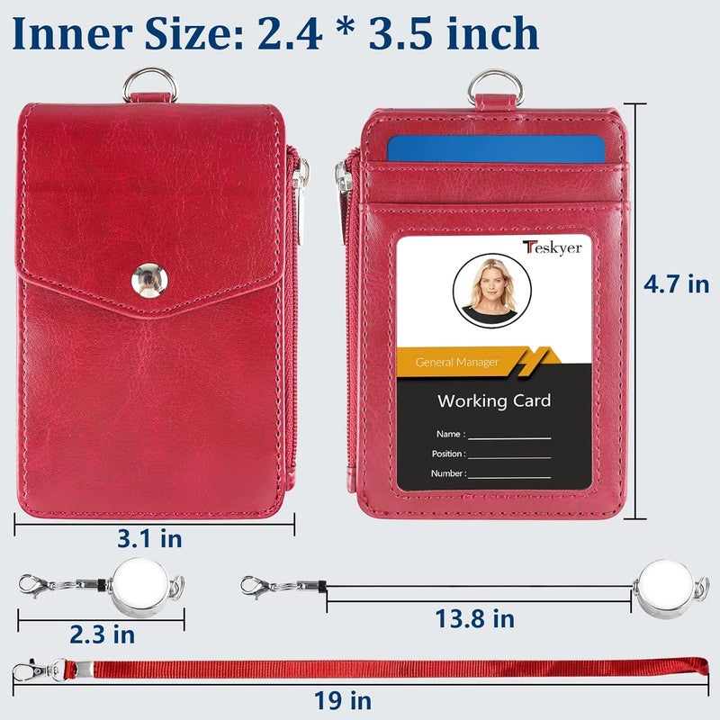 Teskyer Leather Badge Holder with Lanyard and Retractable Badge Reel, 4 Card Slots ID Card Holder with 1 Zipper Pocket for Office School Name Work IDs, Wine Red - Image 5