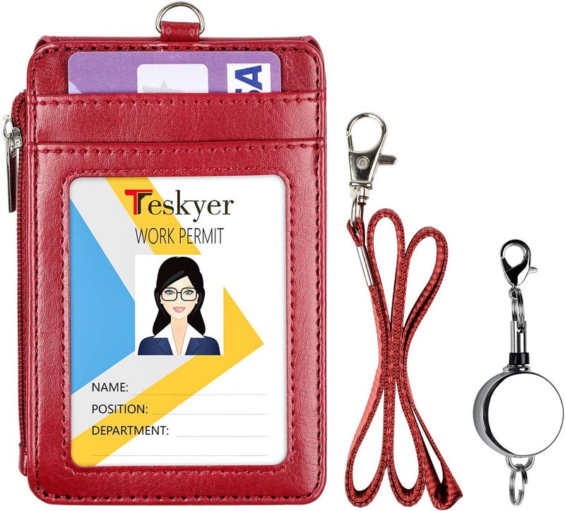 Teskyer Leather Badge Holder with Lanyard and Retractable Badge Reel, 4 Card Slots ID Card Holder with 1 Zipper Pocket for Office School Name Work IDs, Wine Red - Image 2