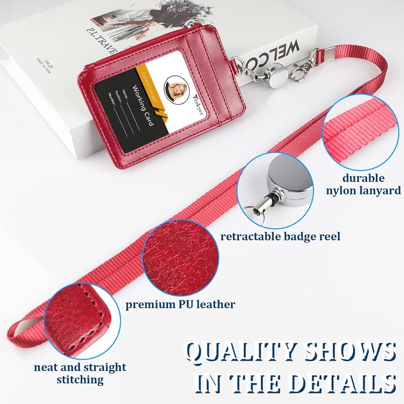 Teskyer Leather Badge Holder with Lanyard and Retractable Badge Reel, 4 Card Slots ID Card Holder with 1 Zipper Pocket for Office School Name Work IDs, Wine Red - Image 3
