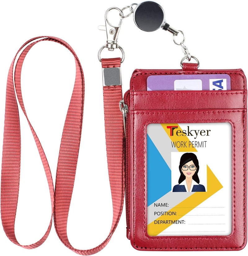 Teskyer Leather Badge Holder with Lanyard and Retractable Badge Reel, 4 Card Slots ID Card Holder with 1 Zipper Pocket for Office School Name Work IDs, Wine Red - Image 1