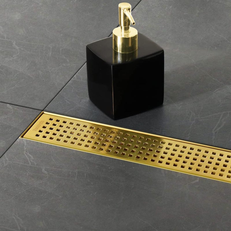 Neodrain 36Inch Brushed Brass Linear Shower Drain with Removable Quadrato Pattern Grate304 Stainless Steel Gold Rectangle Shower Floor DrainLinear Drain with Hair Strainer