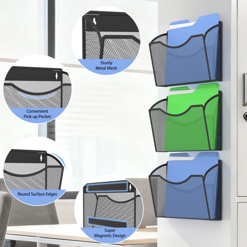 Gawerk Mesh Hanging Wall File Holders, Metal Vertical Wall Basket Mail Organizer for Office/Home (Black, 3 Pack Magnetic) - Image 3