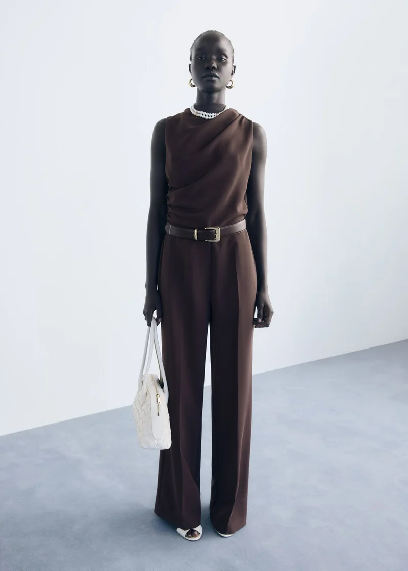 MANGO Long jumpsuit with draped neck and belt
