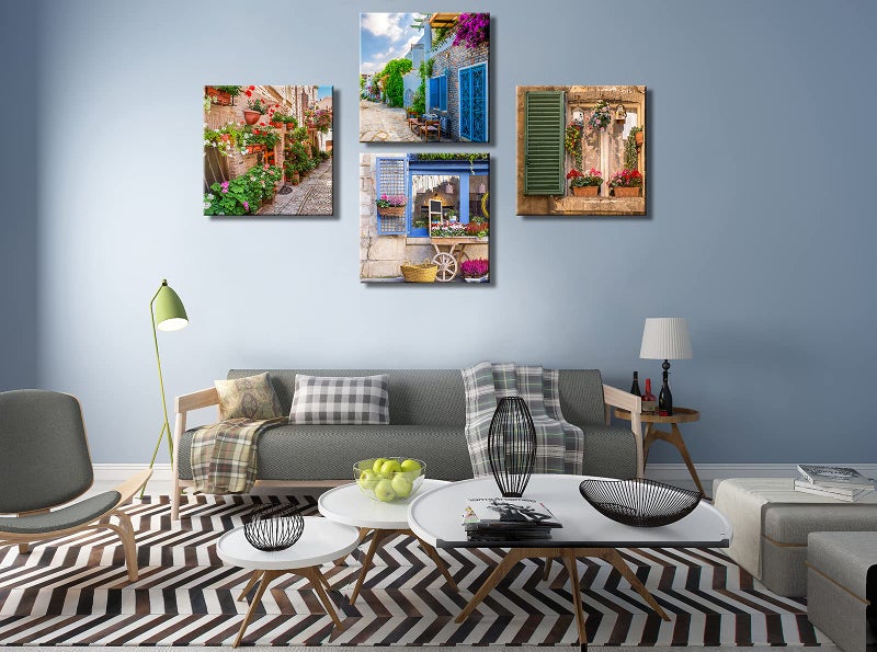 OKEXCKK Tuscan Wall Art Decor, Italy Window View Paintings Nature Landscape Pictures Mediterranean Street Canvas Prints for Bedroom, Living Room, Office Wall Decoration - Image 3