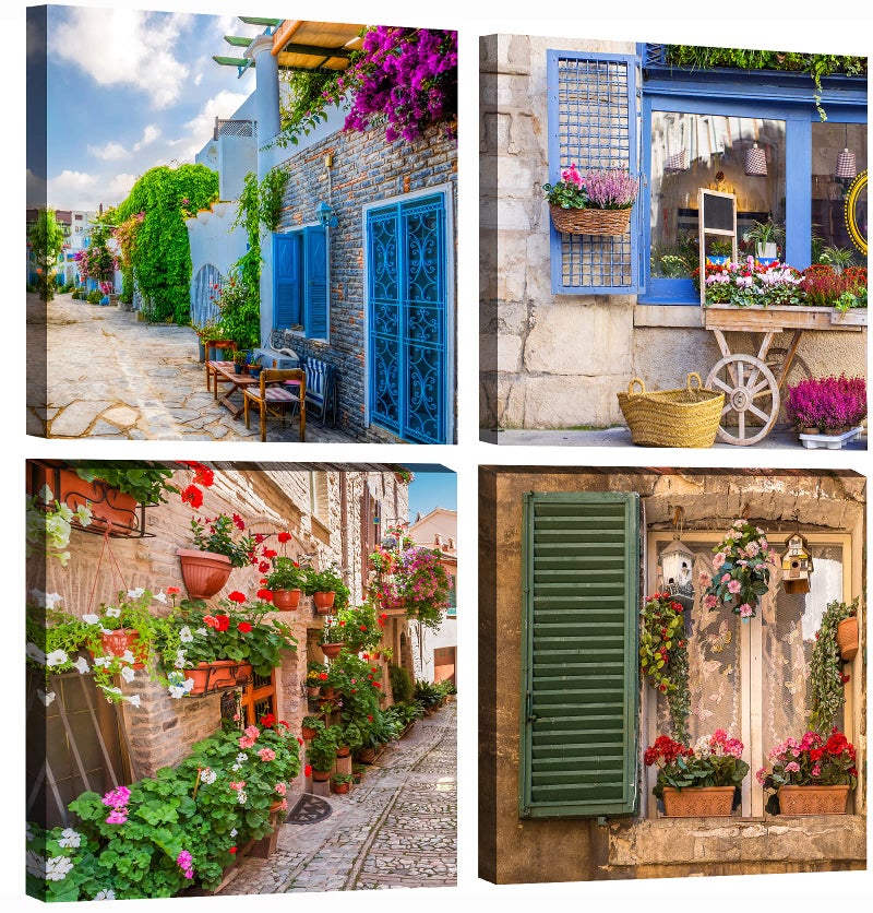OKEXCKK Tuscan Wall Art Decor, Italy Window View Paintings Nature Landscape Pictures Mediterranean Street Canvas Prints for Bedroom, Living Room, Office Wall Decoration - Image 1