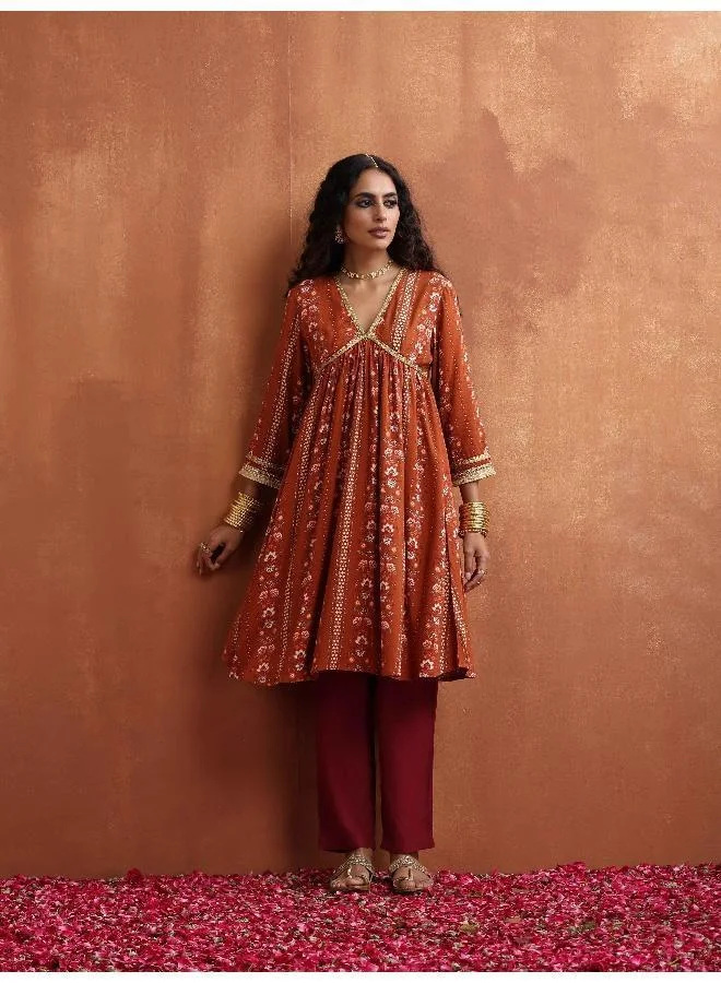 ترو برونز trueBrowns Orange Print Anarkali Kurta Co-ord Set