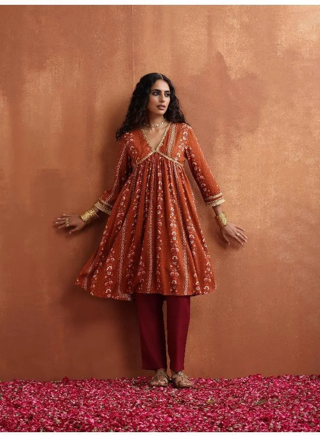 trueBrowns Orange Print Anarkali Kurta Co-ord Set